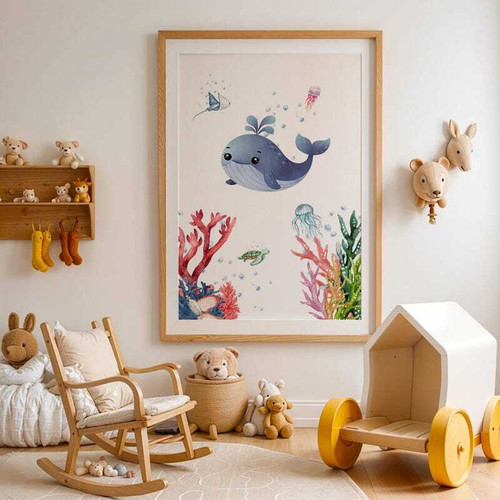 Cute whale canvas wall art for nursery, playful ocean theme with smiling whale, bubbles, and waves, for kids' playroom decor | Family Wall Decor