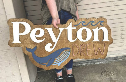 Whale nursery name sign, personalized wooden cutout for baby room wall decor with custom name in script, nautical theme | Family Wall Decor