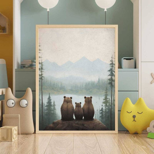 Woodland bear family canvas art for nursery wall decor, forest animal theme for toddlers and kids, charming and soothing | Family Wall Decor