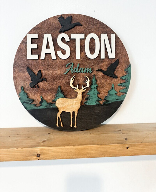 Woodland nursery round wood sign with rustic deer, personalized baby name, farmhouse wall decor for nursery or baby room. | Family Wall Decor