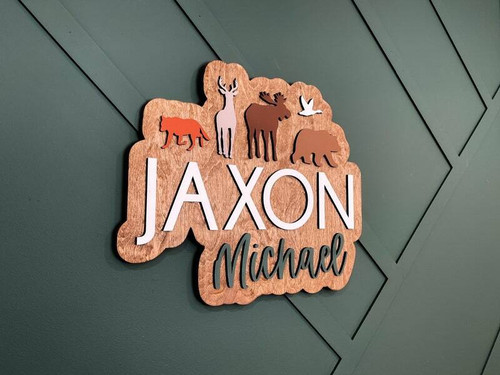 Woodland wildlife 3D wood name sign, personalized with baby’s name; layered script and forest motifs for nursery wall decor | Family Wall Decor