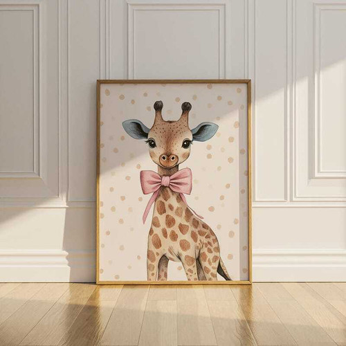Adorable giraffe nursery canvas print in pastel pink watercolor, portrait style for kids' room decor, gift for a baby girl | Family Wall Decor