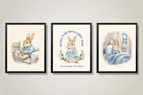 Peter Rabbit canvas art set for nursery, watercolor bunny prints with Beatrix Potter quote in soft pink nursery wall decor | Family Wall Decor