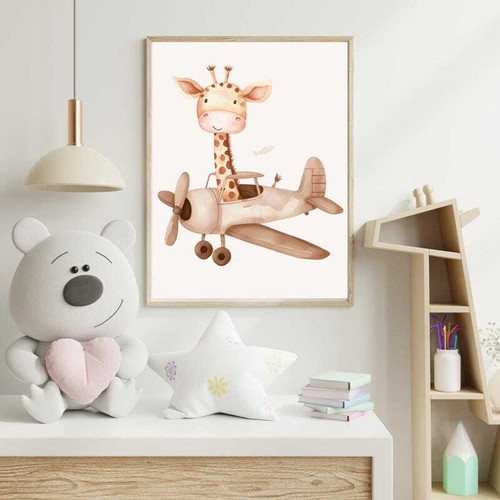 Giraffe canvas, whimsical safari nursery wall art in soft pastel mint, portrait orientation with gentle clouds and stars | Family Wall Decor