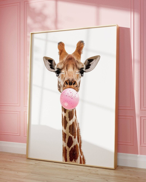 Funny giraffe nursery canvas wall art in modern pink, playful portrait for kids' room decor, vertical orientation | Family Wall Decor
