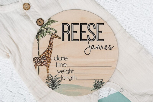 Giraffe nursery birth stats wood sign personalized with baby name, date, weight and length; kids' room decor, new baby gift | Family Wall Decor