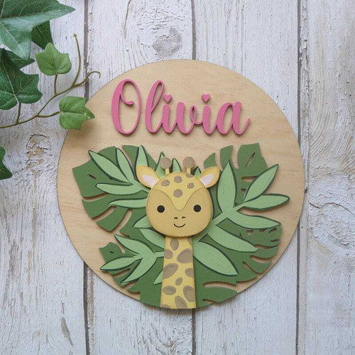 Safari giraffe wood sign personalized for nursery decor, custom child name, wall plaque for kids' room or baby shower gift | Family Wall Decor