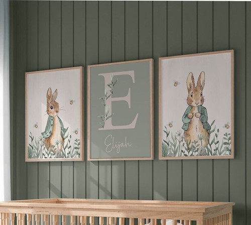 Peter Rabbit canvas set for nursery, personalized with baby boy’s name, blue watercolor woodland theme, multi-panel design | Family Wall Decor
