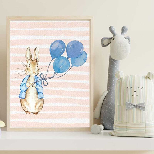 Peter Rabbit canvas nursery wall art with balloons, cute storybook baby room decor in soft pastels for a whimsical touch | Family Wall Decor