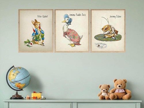 Peter Rabbit canvas print set for nursery wall decor, pastel watercolor trio with blue jacket and carrot garden accents | Family Wall Decor