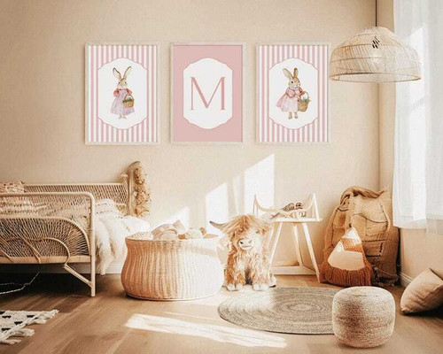 Peter Rabbit personalized canvas wall art for baby girl nursery, pink cottagecore style with floral accents and custom name | Family Wall Decor
