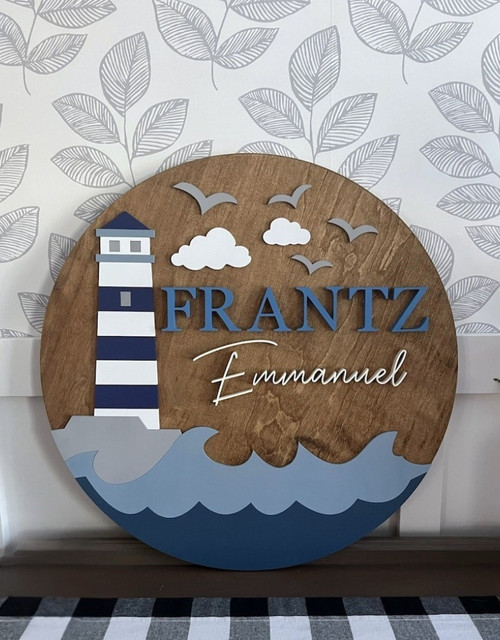 Nautical round 3D wood sign, personalized with baby's name, layered wood design for nursery wall decor or kids bedroom | Family Wall Decor