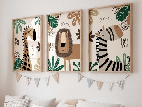 Safari jungle nursery canvas set, personalized wall art with custom name and playful safari animals for toddler room decor | Family Wall Decor