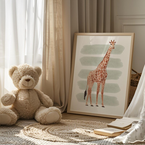 Cute giraffe canvas nursery wall art, pastel baby animal print for kids room decor, vertical portrait on white background | Family Wall Decor