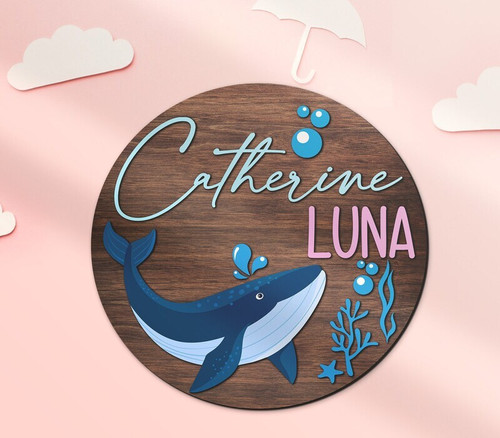 nautical whale wood nursery sign with personalized baby name, wall decor for kids room, ocean theme with rustic finish | Family Wall Decor