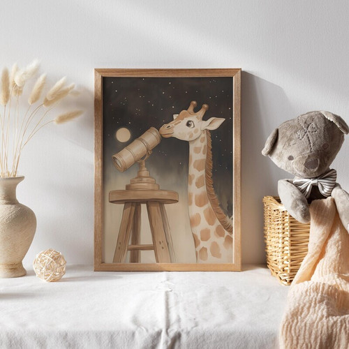 Giraffe canvas art with giraffe peering through a telescope, pastel tones, portrait for gender-neutral nursery | Family Wall Decor