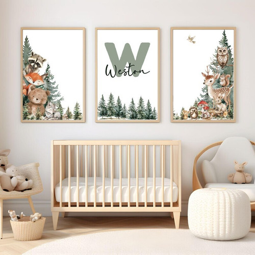 Woodland nursery canvas wall art with forest animals, customized baby boy name sign, rustic decor for above crib | Family Wall Decor