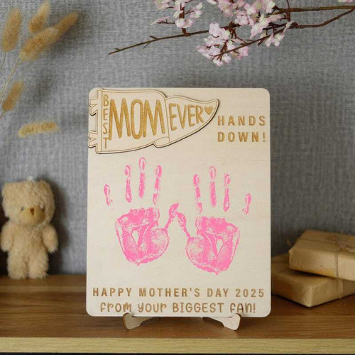 Mother's Day Best Mom Ever handprint wooden sign, personalized with kids' handprints and names, heart accent, gift for mom | Family Wall Decor