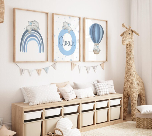 Elephant nursery canvas featuring blue hot air balloon and rainbow, personalized name wall art for baby boy room decor | Family Wall Decor