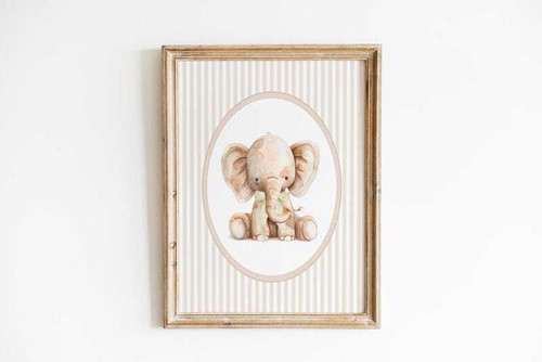 Vintage elephant nursery canvas with neutral beige tones and rustic barn backdrop, gender-neutral wall art for a baby room. | Family Wall Decor
