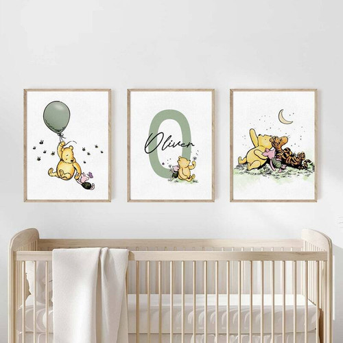 Winnie the Pooh canvas set, personalized nursery wall art with classic Pooh and Piglet, custom name and birth date. | Family Wall Decor
