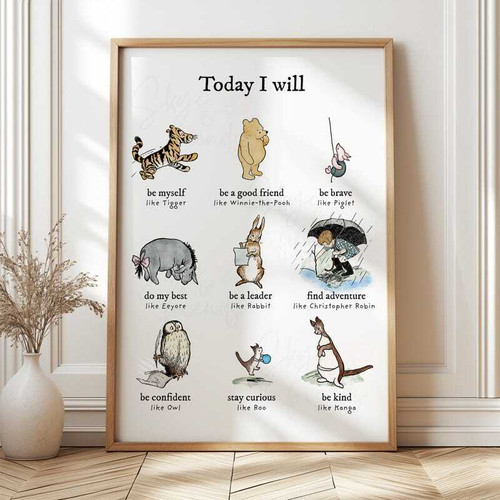 Winnie the Pooh nursery canvas art with positive quotes, classic storybook style in soft neutrals for calming nursery decor | Family Wall Decor