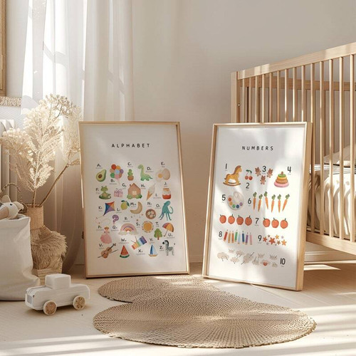 Watercolor alphabet nursery canvas poster with numbers, personalized with child's name; pastel portrait for playroom decor | Family Wall Decor