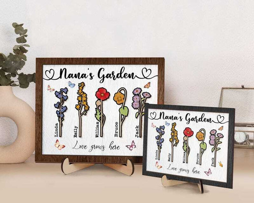 Birth month flowers wood sign for Grandma's Garden, personalized with engraved grandchildren names, walnut finish | Familywalldecor