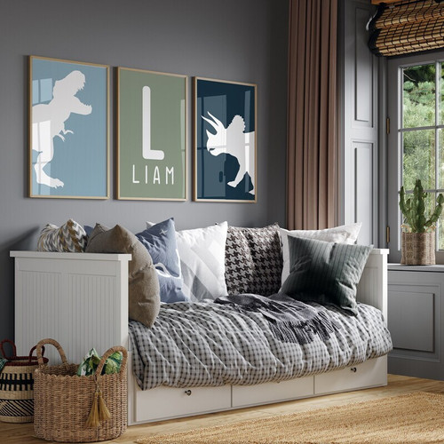 Dinosaur nursery canvas set of 3 with custom name, watercolor dinos, blue and green palette for boys' toddler room decor | Family Wall Decor