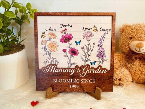 Birth month flower wood sign for mom’s garden, laser-engraved with custom name and birth flowers, heartfelt Mother’s Day gift. | Familywalldecor