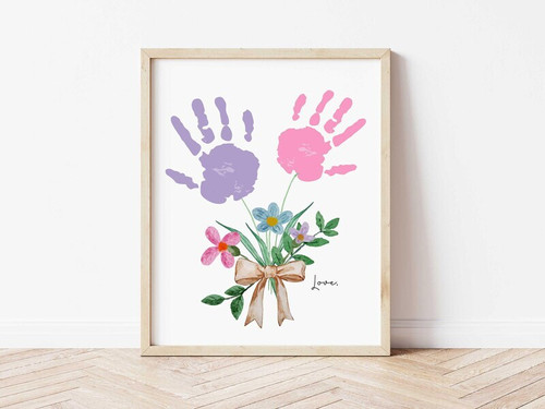 Mother's Day mom handprint canvas with custom names and date, pastel pink background, portrait layout, gift from kids for living room | Family Wall Decor