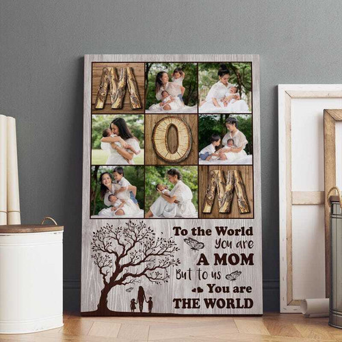 Mommy To The World theme photo collage canvas with custom family photos, kids' names, and date, script portrait orientation | Familywalldecor