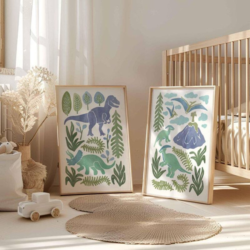 Dinosaur nursery canvas print with stegosaurus and T-Rex, custom child's name, pastel watercolor, wall art for boys room | Family Wall Decor CA