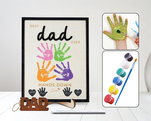 Dad handprint canvas personalized with kids’ names and 2025, Best Dad Ever, portrait cream background for living room | Familywalldecor