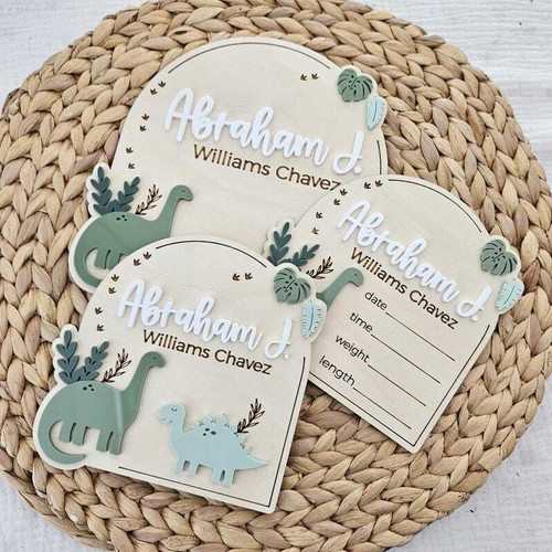 Dinosaur nursery name plaque, round birch wood with engraved baby footprint, custom name and birth date, wall hanging gift | Family Wall Decor