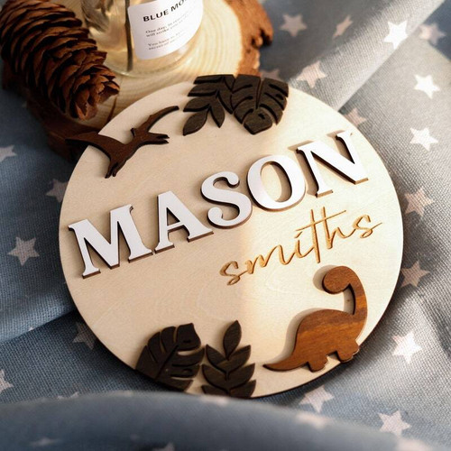 Dinosaur nursery wood sign with custom baby name and safari birth stats, personalized wooden decor for newborns' room | Family Wall Decor