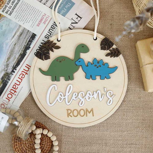Dinosaur nursery wood sign personalized with T-rex graphic, custom name and birth date, rustic plaque for baby gift. | Family Wall Decor