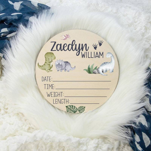 Dinosaur nursery sign, personalized wood plaque with cute T-Rex and baby name and birth stats for nursery decor | Family Wall Decor