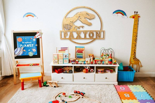 T-Rex dinosaur nursery sign, personalized with baby boy name, cute Three-Rex theme wall decor for kids bedroom | Family Wall Decor