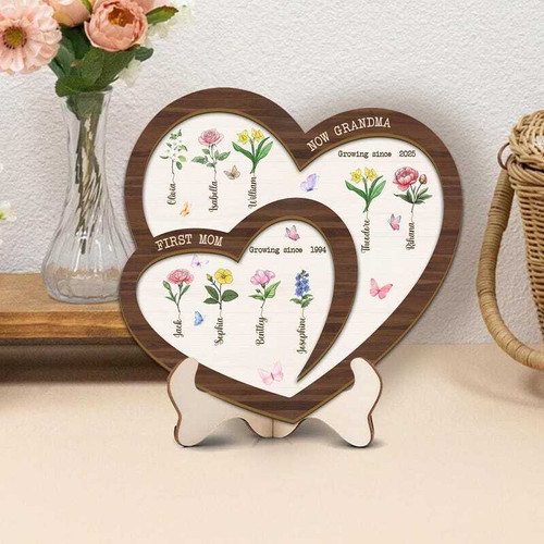 Birth month flowers wooden sign with double hearts, personalized names and dates, First Mom Now Grandma Mother's Day gift | Family Wall Decor