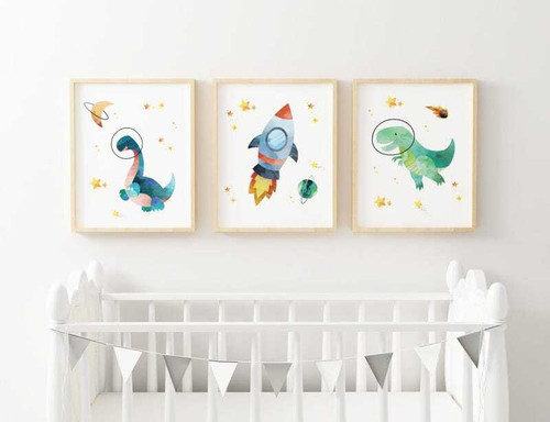 Space dinosaur canvas art set, watercolor T-Rex astronaut with planets, navy background, boy nursery wall decor | Family Wall Decor