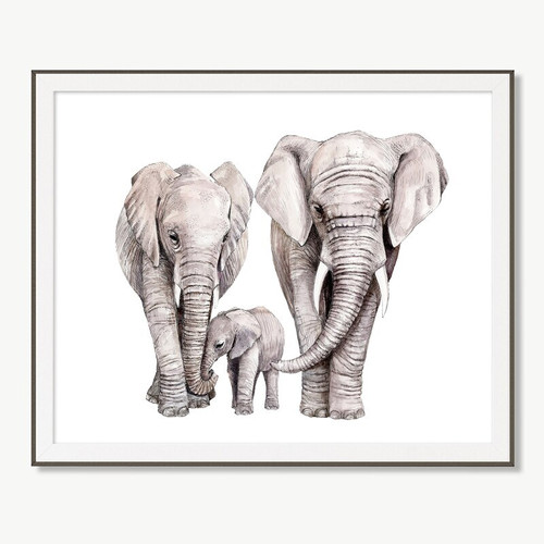 Safari nursery canvas with elephant family watercolor in neutral tones, portrait wall art for baby room, baby shower gift | Family Wall Decor