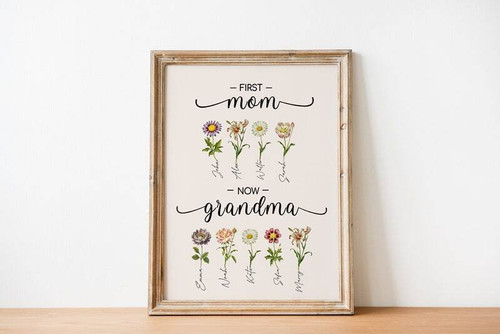 First Mom Now Grandma canvas personalized with birth month flowers and grandkids' names, a heartfelt Mother's Day gift. | Familywalldecor
