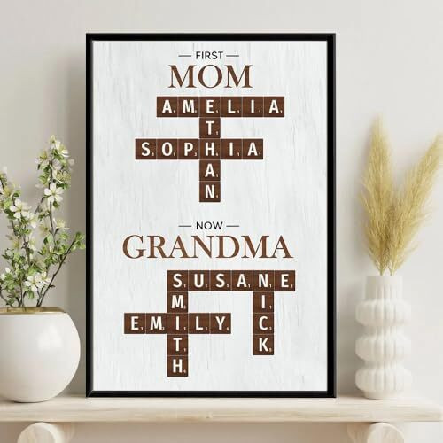 First Mom Now Grandma personalized Scrabble crossword canvas with custom family names, meaningful gift for mom or grandma | Familywalldecor
