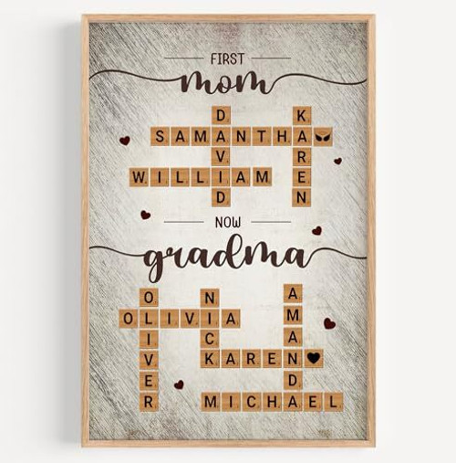 Family Scrabble crossword canvas featuring custom kid names, First Mom Now Grandma theme, art gift for Mother's Day | Familywalldecor