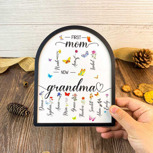 First Mom Now Grandma wood sign with custom grandkids' birth flowers and names, rustic decor, thoughtful Mother's Day gift | Familywalldecor