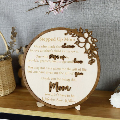Floral stepped up mom wooden sign with custom names, a heartfelt Mother’s Day gift for your loving bonus mom keepsake. | Familywalldecor
