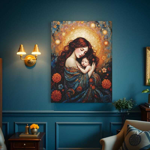 Heartwarming mother and baby canvas in folk art style, soft pastels, perfect Mother's Day gift for living room decor | Family Wall Decor