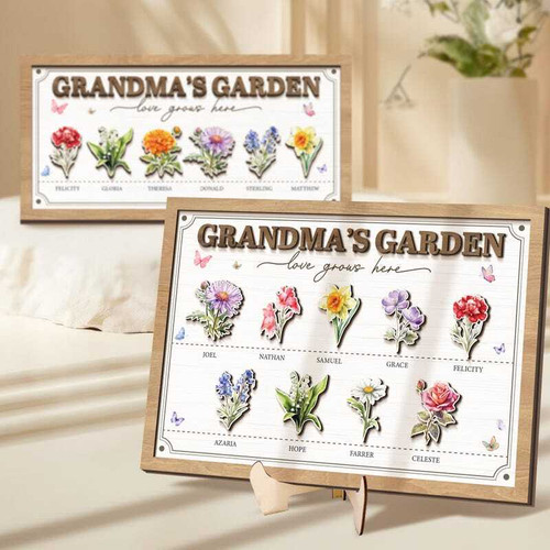Grandma's Garden wooden sign with birth month flowers, personalized with grandchildren’s names; rustic wood, horizontal | Familywalldecor