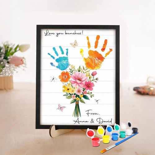Handprint bouquet canvas wall art, personalized with kids’ names and date, Valentine gift for Mom, watercolor, vertical | Familywalldecor